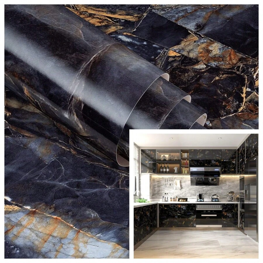 1卷黑色金色大理石纹自粘壁纸，奢华现代风格防水装饰壁纸，适用于厨房、浴室、橱柜、防溅板和台面，大理石纹剥离粘贴壁纸尺寸：15.7英寸 x 39.3英寸 / 118.1英寸 / 196.8英寸