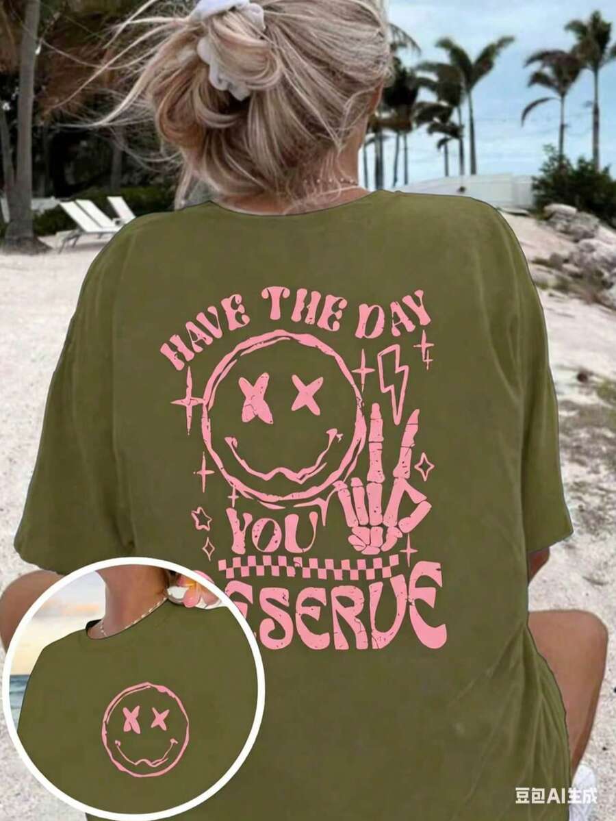 Women's 'Have A Day You Deserve' Graphic T-Shirt - Black, Breathable Short Sleeve Crew Neck Top With Happy Face And Letter Design, Casual Summer Wear - 綠色 - 查看 1