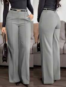 Jessefine Solid Color Zippered Pocket Suit Fabric Straight Leg Pants, Waistband-Less, Elegant For Commute, Office, Casual Wear, Spring/Summer Pink - 灰色 - 查看 13