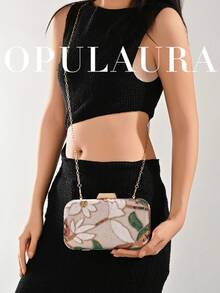 OpulAura 1pc Vintage Floral Handbag, Fashionable Glitter Sequin Embroidered Flower Chain Shoulder Bag, Mini Box-Shaped Purse, Suitable For Party Girls, Brides, Newlyweds, And Office Ladies For Parties, Weddings, Work, Business Travel, Outdoor Activities And Commuting - Apricot - View 10