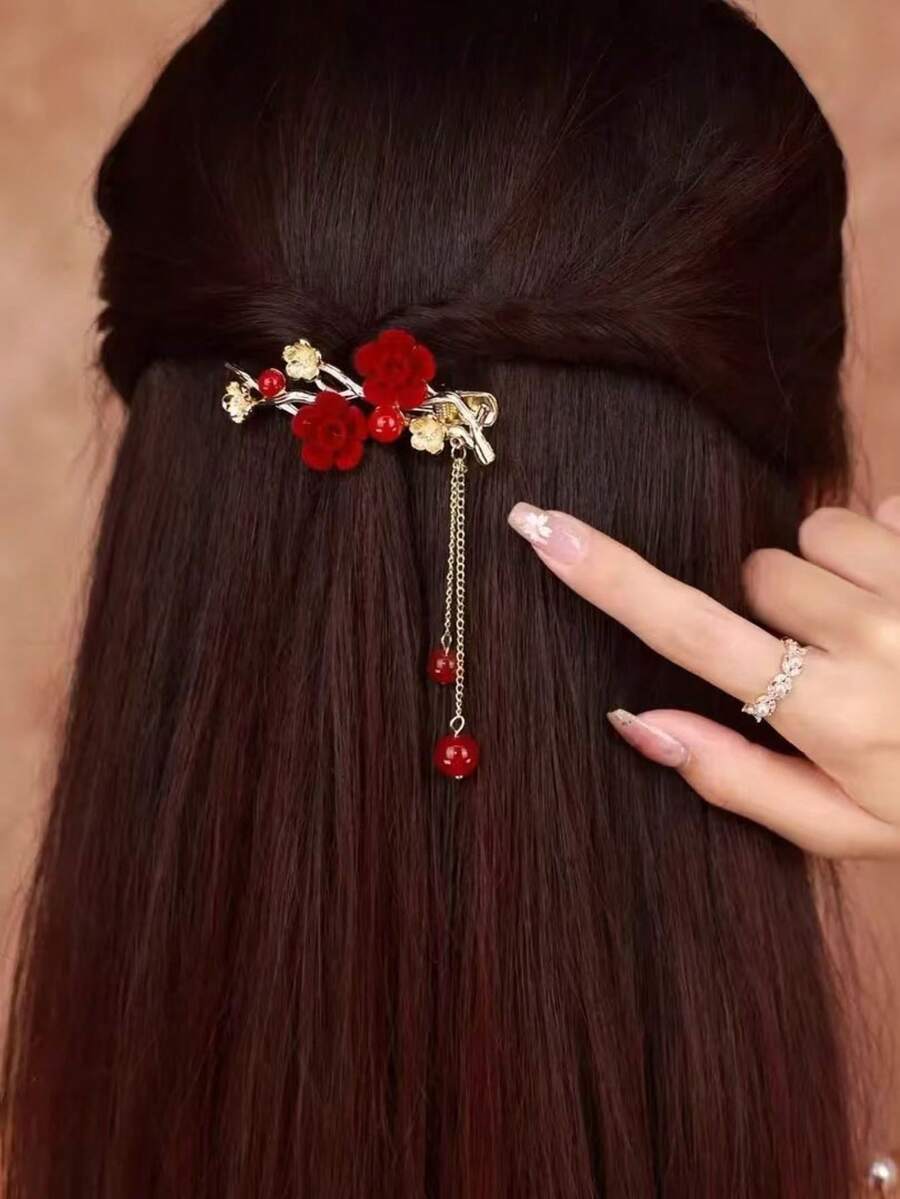 1 chiếc kẹp tóc tua rua hoa mai đỏ sang trọng, phụ kiện cài tóc cô dâu cho đám cưới - Nhiều màu - Xem 1