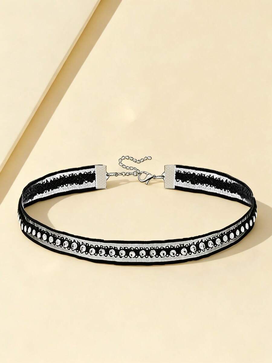 1 chiếc vòng cổ choker ren đen tối giản đính pha lê dành cho nữ, vòng cổ ngắn. - Nhiều màu - Xem 1