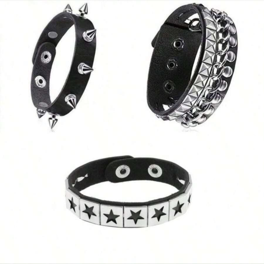 Bộ 3 vòng tay da PU màu đen kiểu Gothic đính đinh tán phong cách Punk, dành cho nam và nữ. - Đen #1 - Xem 1