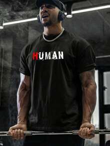 做旧字母印花T恤，男士宽松圆领健身运动服，美式运动风格 - 黑色 - 查看 3