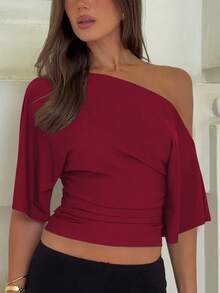 Atasan Wanita Kasual Warna Polos, Cocok untuk Pakaian Sehari-hari dan Liburan di Musim Semi/Panas - Burgundy - View 2