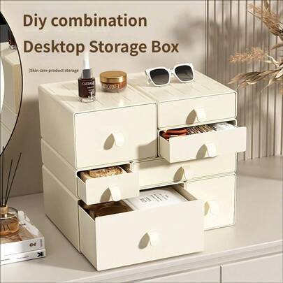 1 pièce Boîte de rangement de bureau en PP beige. Boîte de rangement de bureau à domicile, boîte de rangement pour table de maquillage, produits de soins de la peau, porte-rouge à lèvres. Organisateur de tiroir (les poignées neuves et anciennes sont expédiées de manière aléatoire, les lettres sur la boîte sont aléatoires)