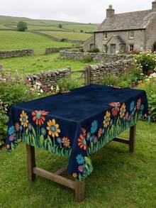1pc Bohemian Floral Print Navy Blue Tablecloth, Waterproof Stain Resistant Polyester Wide Table Cover, Colorful Folk Flower Pattern Tablecloth For Dining Kitchen Patio Party Home Decor - Multicolor - View 5