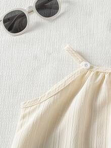 Young Girls Summer New Cute Cartoon Colorful Dopamine 3D Floral Decor Solid Color Patchwork Mermaid A-Line Loose Casual Spaghetti Strap Princess Dress, Suitable For Outdoor, Beach, Holiday - Apricot - View 9