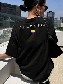 Women's Letter Print Tshirt Colombia, Heart Flag Shortsleeved Round Neck Casual Top, Medium Elastic Breathable Fabric, Machine Washable In Spring And Summer, Suitable For Summer Wear, Comfortable Style,100% Cotton Summer, And Vacation Women's Casual Sleeve T-Shirt, - 黑色 - 查看 4
