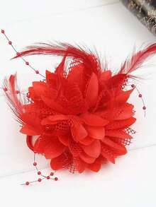 1 pieza Clip de pelo elegante con pétalos y plumas, Pinzas para el cabello, Verano, Vacaciones, Viaje, Accesorios para Mujer - Rojo - Ver 4