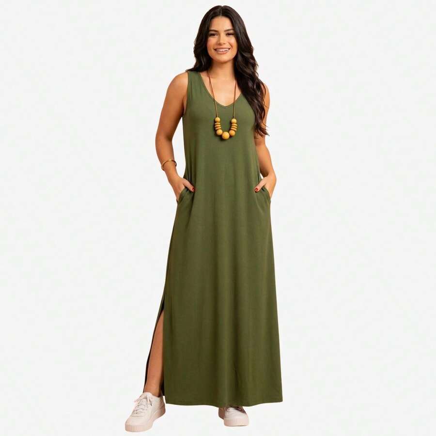 Women's Plus Size Tank Top Dress With Pocket. - 軍綠色 - 查看 1