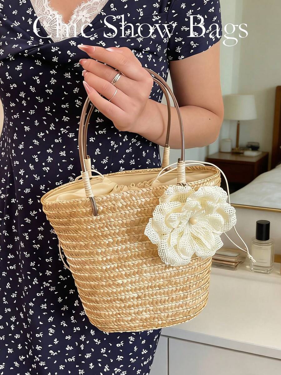 Bolso de paja estilo bohemio con acento floral - Bolso de playa de verano para mujer