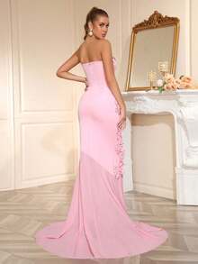 Vestido de noite sereia sem mangas, feito à mão com estampa floral 3D, elegante e formal, ideal para convidadas de casamento, aniversários, formaturas, galas, bailes de boas-vindas e festas. - Rosa - Ver 5