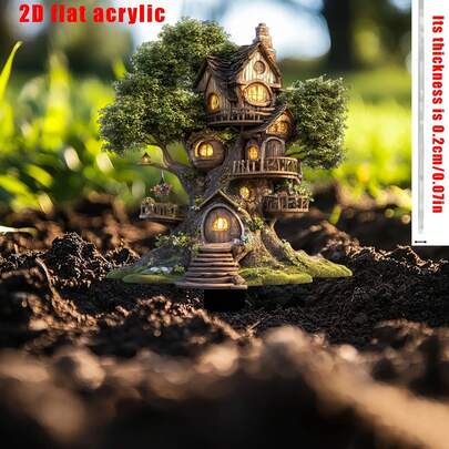 2D Crystal Fairy Tale Tree House - Warm Glow, 3D Style Outdoor Decor, Suitable For Garden, Lawn, Patio, Perfect Gift For Friends And Family, Garden Decoration, Fantasy Tree House, Exquisite Craftsmanship, Garden Decor