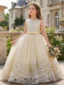 Flower Girl Lace Dress For Kids Wedding Bridesmaid Pageant Party Formal Long Gown Princess Communion Tulle Bow Evening Dresses - 香檳色 - 查看 1