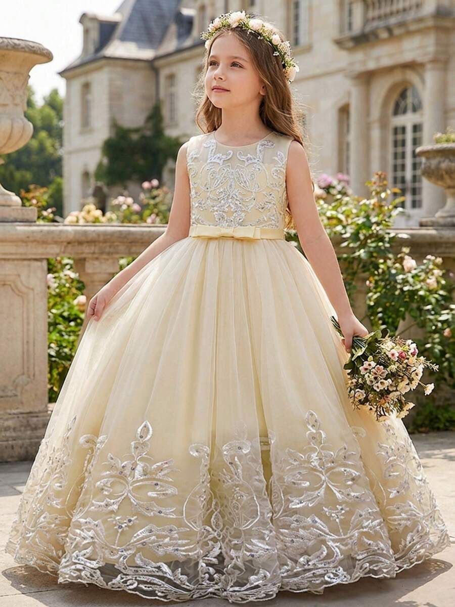 Flower Girl Lace Dress For Kids Wedding Bridesmaid Pageant Party Formal Long Gown Princess Communion Tulle Bow Evening Dresses - 香檳色 - 查看 1