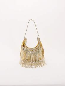 女士Y2K复古闪亮金色亮片流苏单肩包，流苏肩包，可拆卸肩带，适合晚宴、派对、俱乐部、婚礼、伴娘、度假、约会等场合。 - 金色 - 查看 8