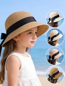 1 Peça Chapéu de Sol de Aba Larga com Laço Preto para Meninas de 2-6 Anos, Chapéu de Praia de Verão Fofo com Proteção UV para Crianças Pequenas em Viagens ao Ar Livre - Laço de fita - Visão 1