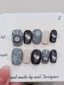 10 móng tay giả ngắn màu xanh nhạt vẽ tay họa tiết hoa, kẻ sọc, chấm bi, nhuộm tie-dye hình mắt mèo, hình thang ngắn, dễ thương, thanh lịch, có thể tháo rời, thích hợp làm quà tặng cho phụ nữ và bé gái, kèm hộp đựng. - Màu xanh bụi bặm - Xem 1