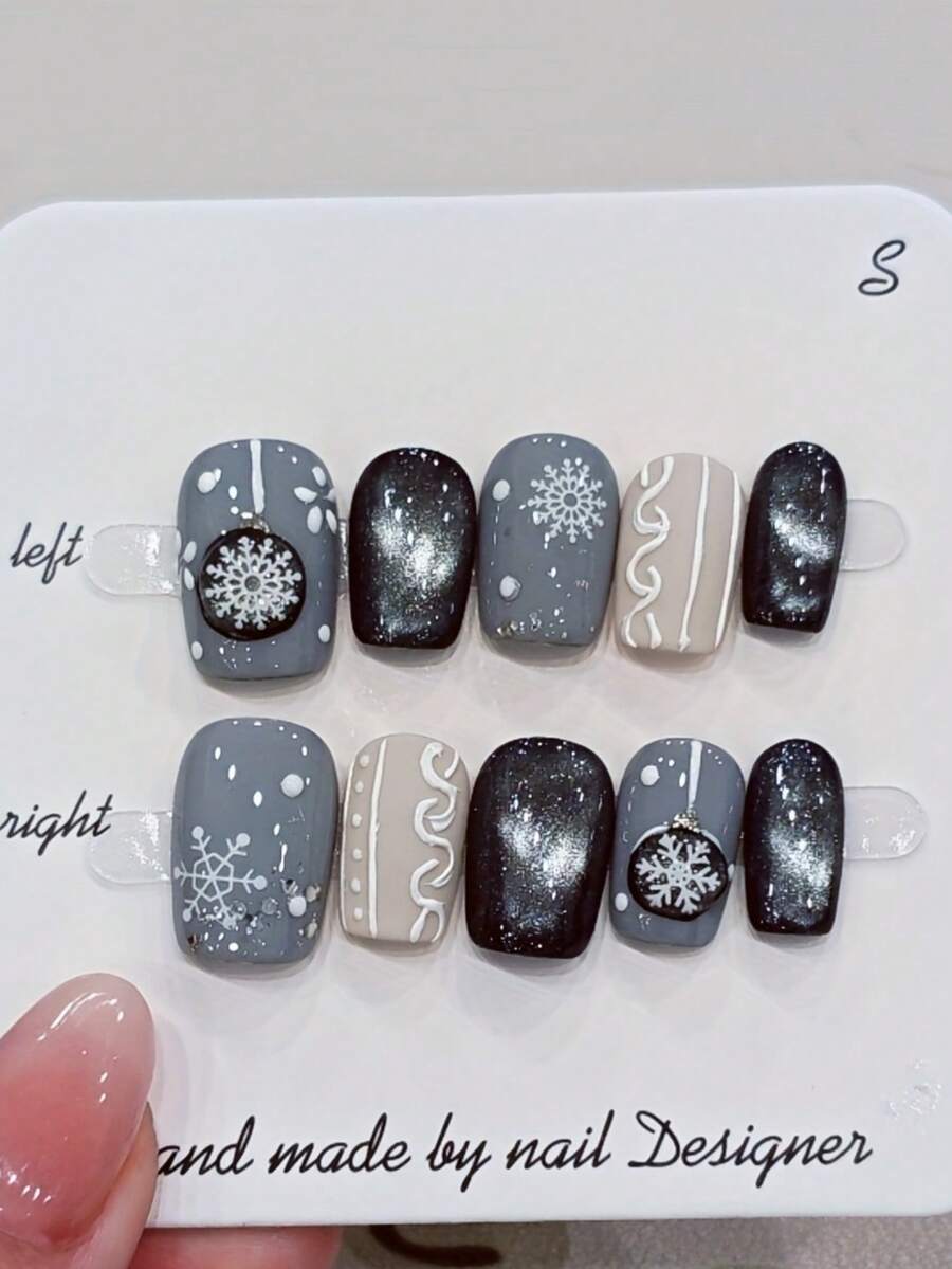 10 móng tay giả ngắn màu xanh nhạt vẽ tay họa tiết hoa, kẻ sọc, chấm bi, nhuộm tie-dye hình mắt mèo, hình thang ngắn, dễ thương, thanh lịch, có thể tháo rời, thích hợp làm quà tặng cho phụ nữ và bé gái, kèm hộp đựng. - Màu xanh bụi bặm - Xem 1