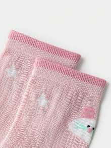 5双儿童袜子，卡通粉色蝴蝶结图案，女童幼儿袜，百搭日常休闲穿搭，心形和兔子图案 - 彩色 - 查看 9