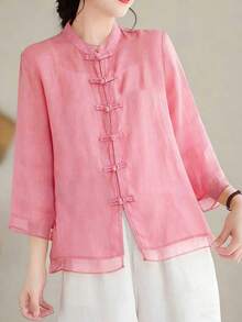 Loose Retro Chinese Style Three-Quarter Sleeve Patchwork Design Shirt Pink - Pink - View 3