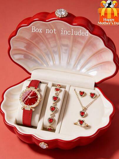 6pcs/Set Fashionable & Elegant Girls' Red Leather Strap Quartz Watch + Red Crystal Necklace, Bracelet, Earrings, Ring Jewelry Set, Suitable For Girls, Great Christmas & Thanksgiving Gift For Mom