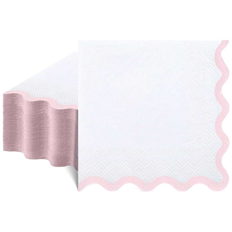 20张/40张/60张粉色波浪边餐巾纸，双层经典白色餐巾纸，浅粉色波浪边，一次性甜点饮料餐巾纸，适用于母亲节、婴儿派对、新娘派对、性别揭晓派对、生日和其他场合。 - 粉紅色 - 查看 1