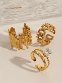 3枚不对称可调节不锈钢镀金戒指，镶嵌立方氧化锆，适合女士日常及派对佩戴 - 金色 - 查看 5