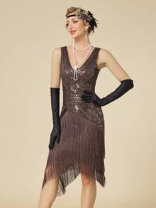 1920s Flapper Dress Long Fringe Gatsby Dress Roaring 20s Sequin Beaded Dress Wedding - Coffee Brown - View 2