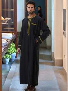 男士沙特迪拜风格黑色长袍/坎杜拉 - 中东伊斯兰斋月长袍，适合开斋节和斋月祈祷，长袖宽松阿拉伯长袍，沙特风格斋月祈祷长袍，轻便阿拉伯祈祷长袍，黑色开斋节斋月伊斯兰长袍坎杜拉 - 黑色 - 查看 6