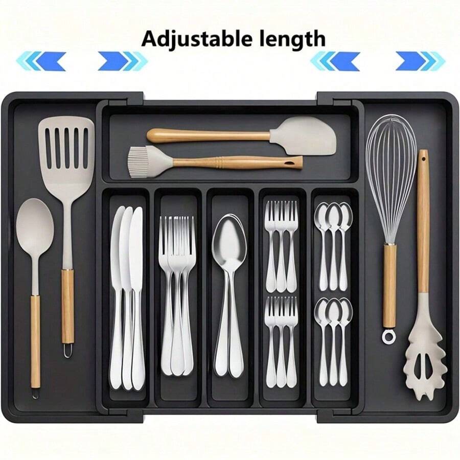 1-Piece Kitchen Non-Slip Drawer Organizer, Expandable Adjustable Cutlery Tray, Extendable Plastic Drawer Divider, Non-Slip Utensil Tray, 6-8 Compartment Design, Dimensions 22.4x15x11.3 Inches, Multi-Functional Cutlery Storage, Suitable For Spoons, Forks, And Knives, Large Size, Black - 彩色 - 查看 1