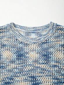 Irregular Ombre Mesh Hollow Streetwear Casual Comfortable Loose Ribbed Crew Neck Short Sleeve Knit Top, Blue Sweater - Blue - View 8