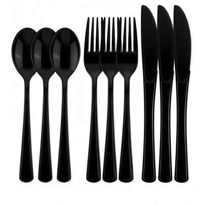 150/50/25/12/1pc Black Reusable Cutlery Set, Cake Fork, Dessert Spoon, Salad Fork & Spoon, Pasta Fork & Spoon, Dishwasher Utensils, Suitable For: Birthday, Wedding, Restaurant, Back To School, Theme Party, Holiday Party, Thanksgiving, New Year Gift (Multiple Specifications Available, Suitable For Any Number Of Diners)
