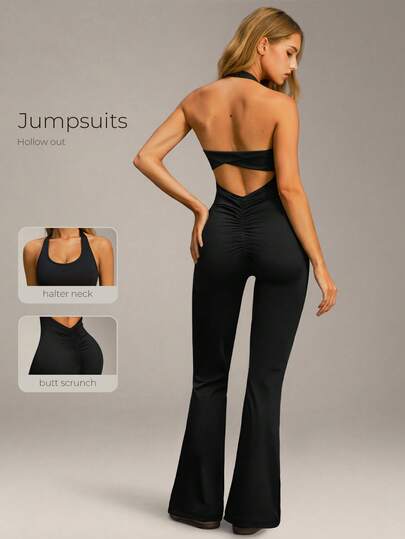 VVX Bộ áo liền quần yoga nữ cổ yếm, dáng xòe, hở lưng, không tay, màu trơn, thích hợp mặc tập gym, thể thao hàng ngày, mọi mùa.