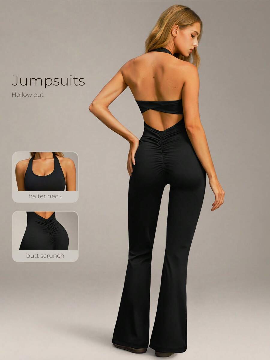 VVX 女士露背吊带瑜伽喇叭连体裤，无袖休闲纯色运动连体裤，喇叭裤腿，适合健身房运动、日常穿着，四季皆宜 - 黑色 - 查看 1
