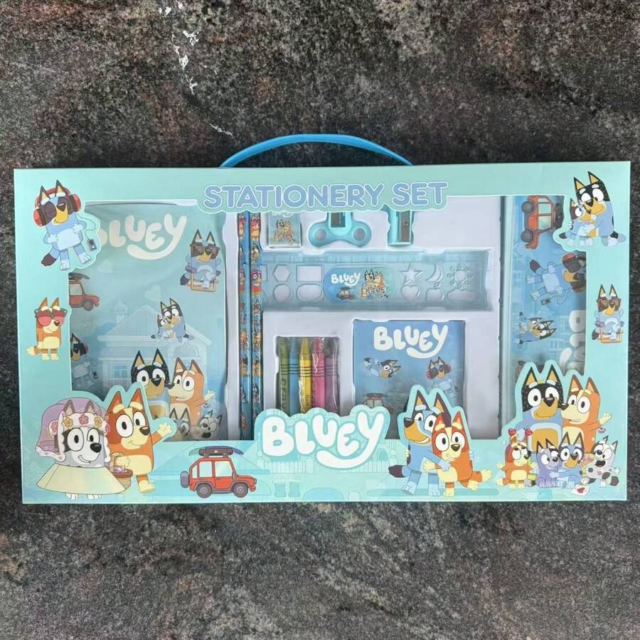 Bluey 14-teiliges Schreibwaren-Geschenkset, Geburtstags- oder Weihnachtsgeschenk für Grundschüler, enthält Bleistift, Lineal, Anspitzer, Radiergummi, Notizbuch, Federmäppchen - Verschiedenfarbig - Übersicht 1