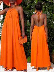 Solid Color Beach Casual Vacation Style Halter Backless Dress - Orange - View 7