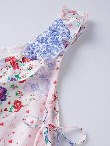 Women Floral Sleep Dress Loose Ruffle Trim V Neck Sleeveless Mini Pajama Dress Casual Summer Sleepwear - Rosa - Ver 8