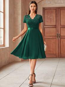 MIUSOL Elegant V-Neck Floral Lace Pleated Hem Chiffon Swing Dress, Suitable For Wedding Guest, Graduation Party, Events Summer - Dark Green - View 8