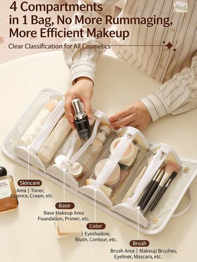 2个装真皮防水化妆包，便携式旅行化妆品收纳包，带提手，多功能洗漱用品收纳包，适用于护肤品和化妆品