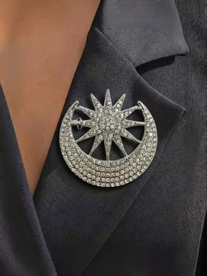 1 pieza Broche de lujo vintage con strass en forma de estrella, luna, sol y flor para mujer