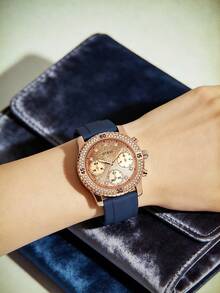 Women's Quartz Watch, Stainless Steel Case, Silicone Strap, Waterproof, Suitable For Daily Wear And Occasions W1098L6 - Rose Gold + Blue Strap - View 3