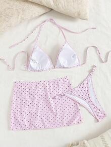 Bộ bikini hai mảnh chấm bi gợi cảm dành cho nữ, kiểu buộc dây cổ, kèm váy che ngoài, màu hồng, thích hợp cho kỳ nghỉ hè. - Hồng - Xem 6