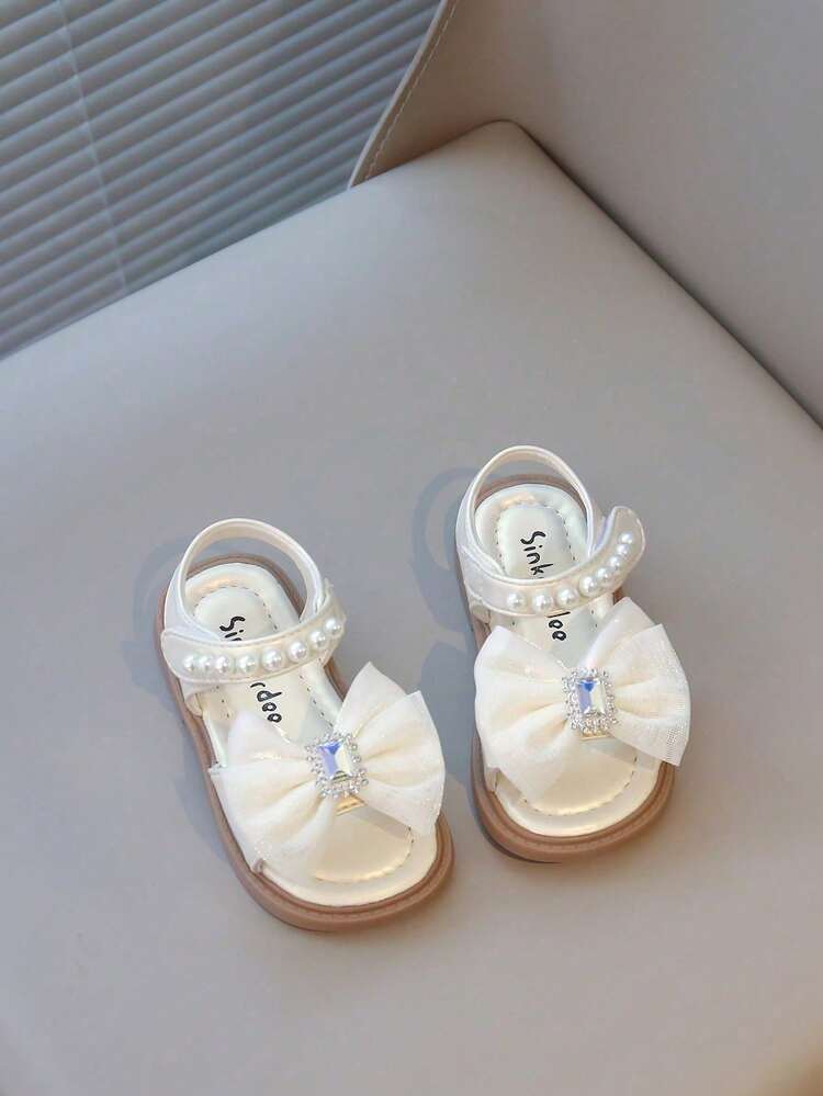 2025 New Pearl Soft Bottom Open Toe Girls Flat Princess Shoes With Hook And Loop, Beige - Ivory White - View 5