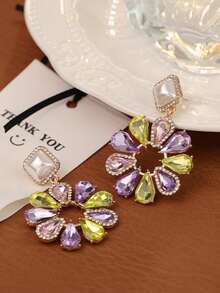 1 Đôi bông tai dáng dài đính pha lê hình hoa giọt nước và ngọc trai giả - Nhiều màu - Xem 2