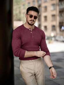 Men's Ribbed Henry Shirt Slim Fit Muscle T-Shirt Cotton Casual Long Sleeved Shirt,Suitable For Traveling, Keeping Warm As An Inner Layer, And Giving Gifts During Festivals - 酒紅色 - 查看 2