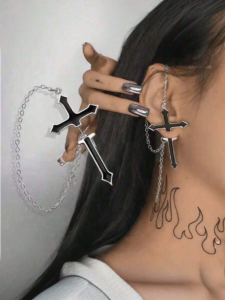 1pc Black Cross Integrated Stud Earring With Chain, Edgy, Fashionable, Suitable For Women's Daily And Festival Wear - Gold Chain - View 1