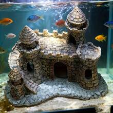 3件套水城堡水族箱装饰品，复杂鱼缸装饰，复古小城堡设计，带有精细的塔楼和拱形入口 - A - 查看 7