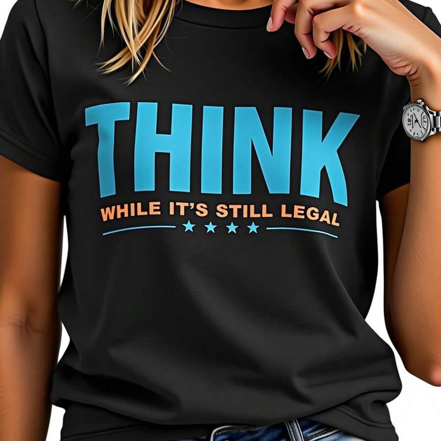 Women's Funny Political Declaration T-Shirt-"Think While It's Legal" Slogan And Gun Rights Design, Black Round Neck Short Sleeve Casual Jacket, Comfortable A- Shaped Version Suitable For Daily Wear And 2A Advocacy Clothing, Spring/Summer/Autumn Wear, Hand Washing And Dry Cleaning, Round Neck, Regular Style, Bold Blue And White Pattern Printing, Humorous Declaration Shirt Father's Day, Fade-Resistant, For Adults, Minimalist Style, Moisture-Wicking - màu đen - Xem 1